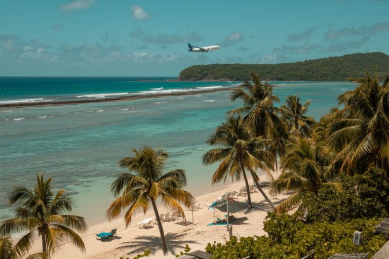Tropical beach with white sand, turquoise water, and palm trees; sun loungers and umbrellas along the shore, a plane flying low over the sea.