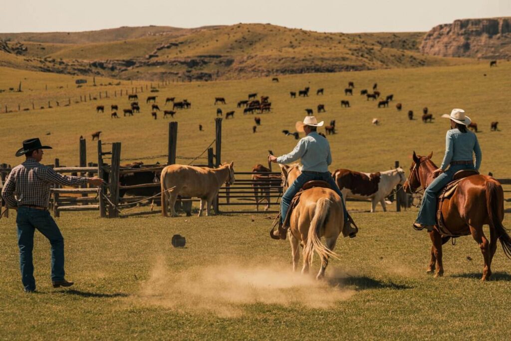 Two cowboys on horseback in a wide open ranch, dust rising as a crew member directs cattle near a wooden corral with a distant herd beyond.