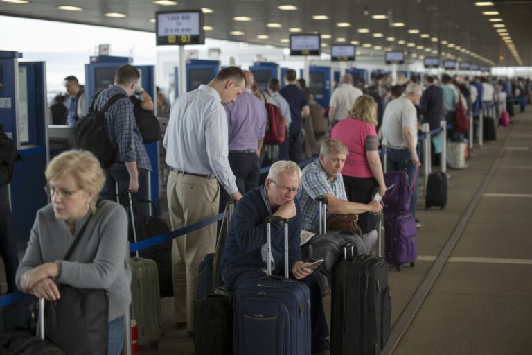 Crowded airport check-in line with travelers and rolling suitcases under a long ceiling behind blue barriers.