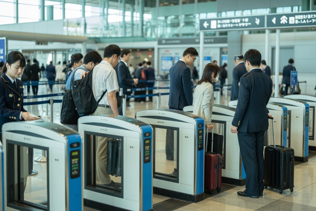 Group of travelers with rolling suitcases passing through airport security gates in a spacious terminal.