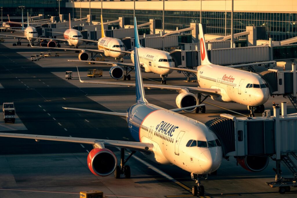 Fleet of airplanes parked at gates with jet bridges at a sunny airport tarmac