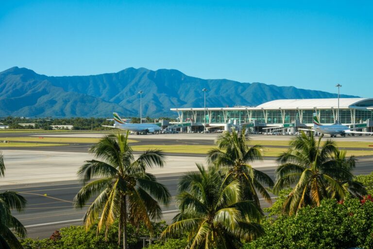 Airport runway and terminal building with palm trees in the foreground and blue mountains in the distance.