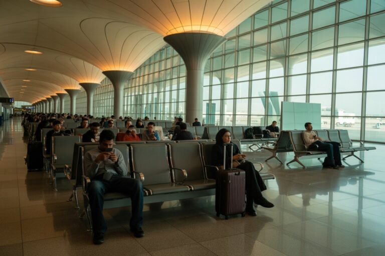 Airport terminal waiting area with rows of metal and gray seats, passengers resting and using phones; glass walls and curved lighting above.