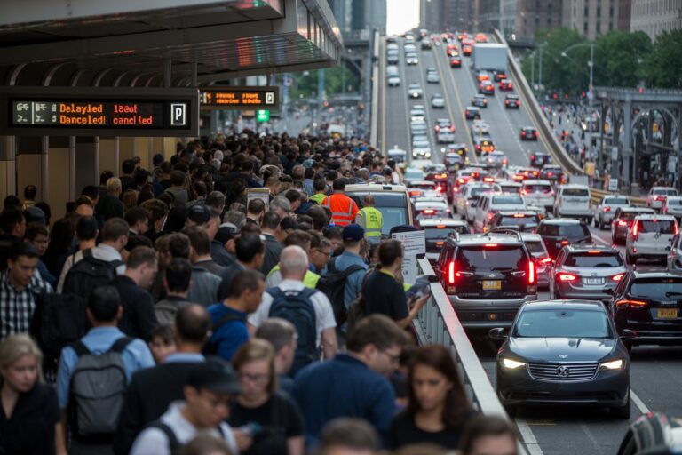 Crowded urban train platform with hundreds of people waiting as traffic streams by on a nearby elevated highway.