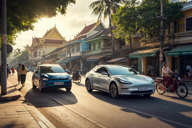Electric cars drive down a sunlit Southeast Asian street, with pedestrians, a cyclist, and colorful shopfronts in the background.