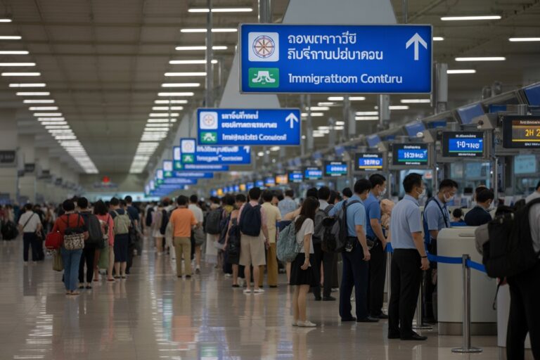 Long queue of travelers at an airport immigration hall with blue signs overhead in Thai and English and people waiting in line.