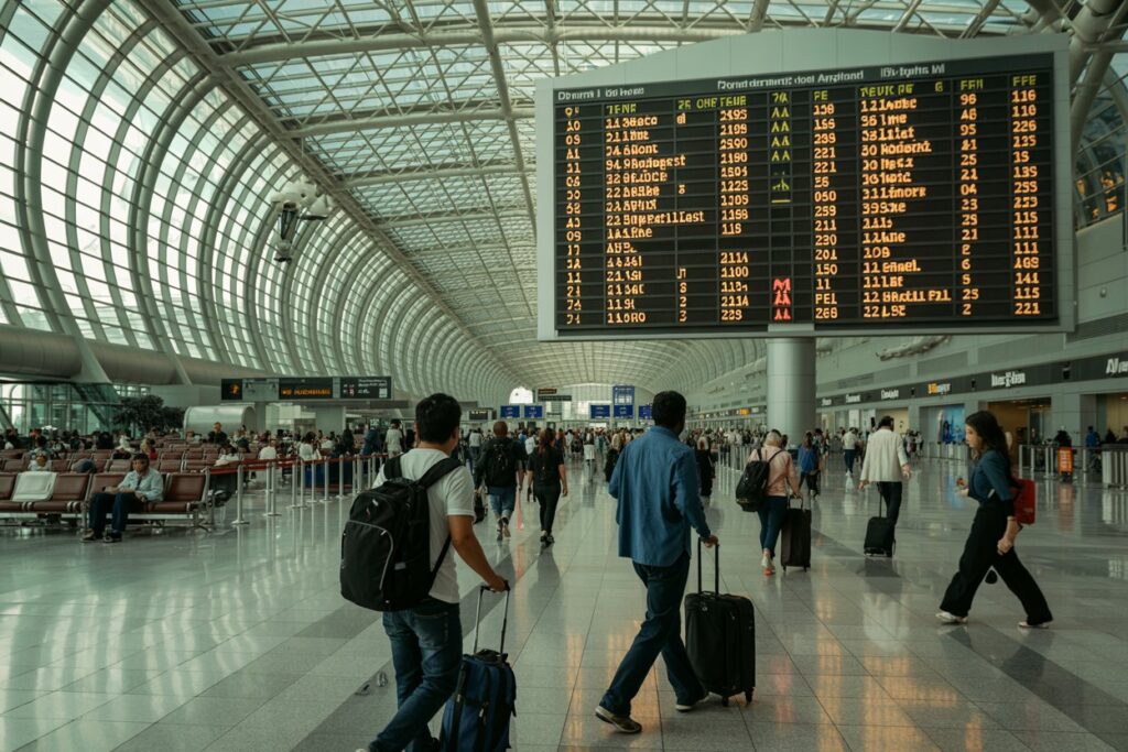 Busy airport terminal with a large digital flight board overhead and travelers pulling suitcases beneath a curved glass roof with natural light.