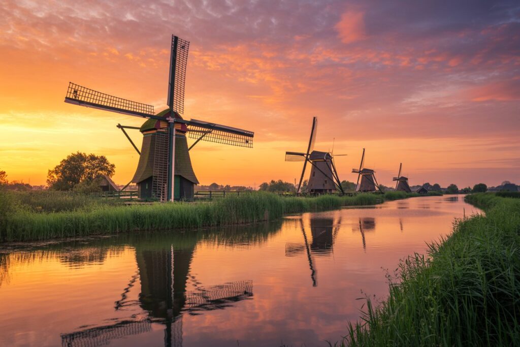 Row of traditional windmills along a calm waterway at sunset, reflected in the canal, with grassy banks.