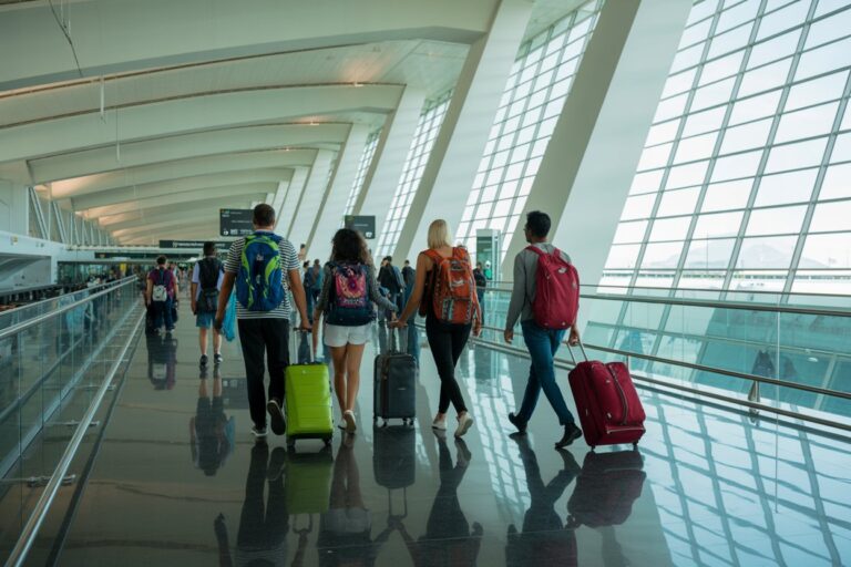 Group of travelers walking through a modern airport terminal with rolling suitcases and colorful backpacks/backpacks.