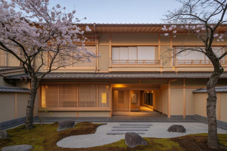 Traditional Japanese building with wooden lattice, cherry blossoms, and a Zen rock garden in the foreground of a courtyard.