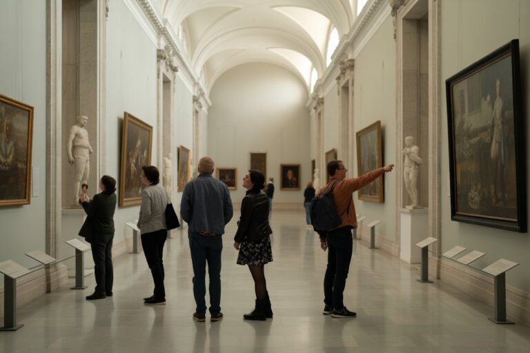Visitors in a spacious museum gallery stand along a wall admiring framed paintings and statues in alcoves.