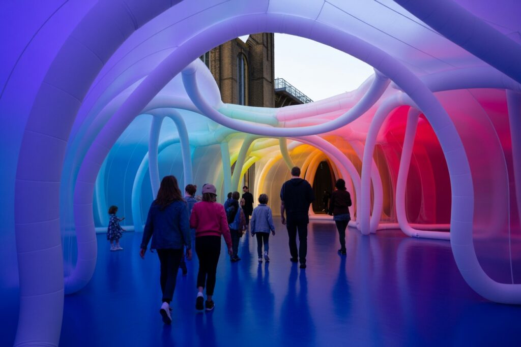 People walk through a rainbow-colored inflatable tunnel installation indoors.