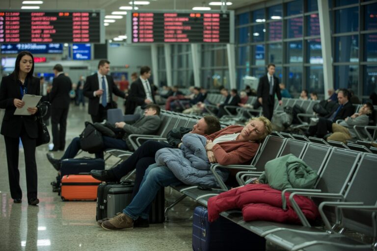 Two men sleep on seats in a busy airport terminal with several suitcases nearby while other travelers sit and walk by.