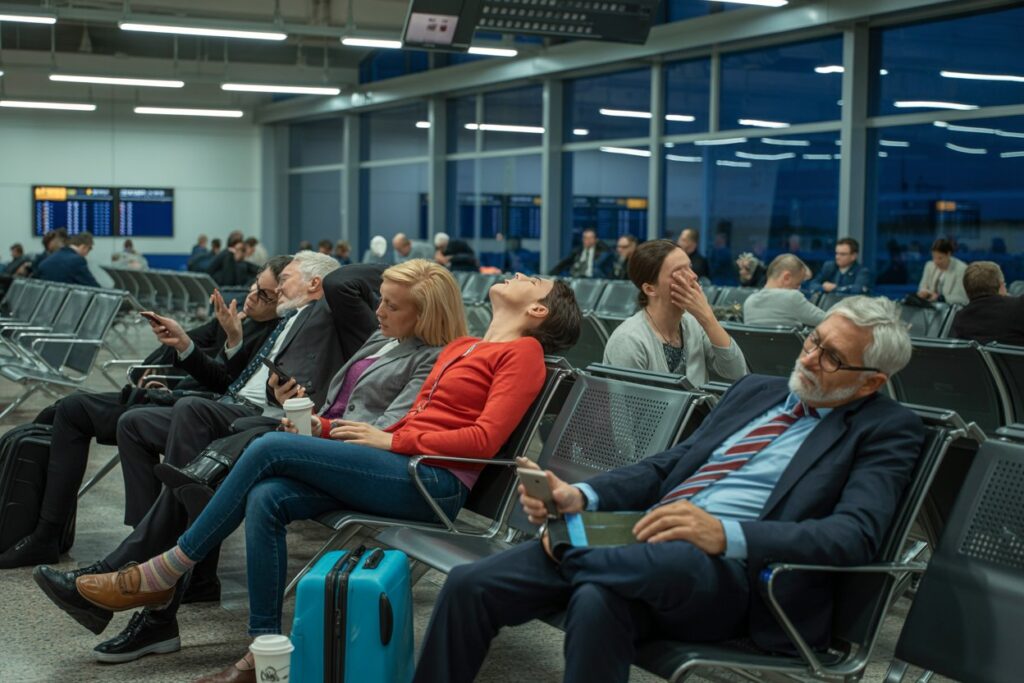 Travelers waiting in a modern airport lounge; foreground shows a man in a suit using a smartphone and a turquoise suitcase nearby.