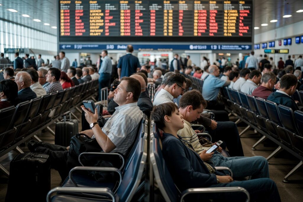 Busy airport terminal with rows of seating, travelers waiting, and a large departure board overhead.