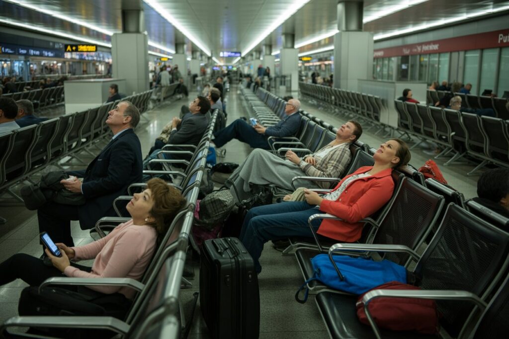 People sit in an airport terminal waiting area, some leaning back with legs stretched out, luggage beside them and a bright corridor overhead.