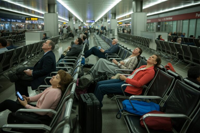 People sit in an airport terminal waiting area, some leaning back with legs stretched out, luggage beside them and a bright corridor overhead.