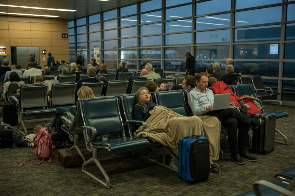 People seated in an airport departure lounge, a woman sleeps under a beige blanket while a man next to her uses a laptop, several suitcases nearby.