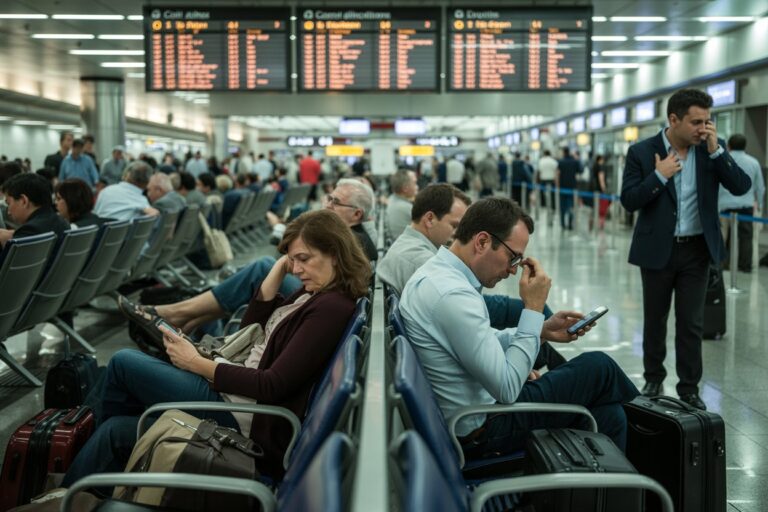 Passengers waiting in an airport terminal; two men in the foreground on their phones while a woman nearby reads, with luggage at their feet and overhead flight boards in view
