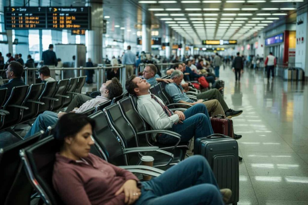 Travelers sit in a long row of airport chairs with rolling suitcases, under bright overhead lights in a busy terminal.