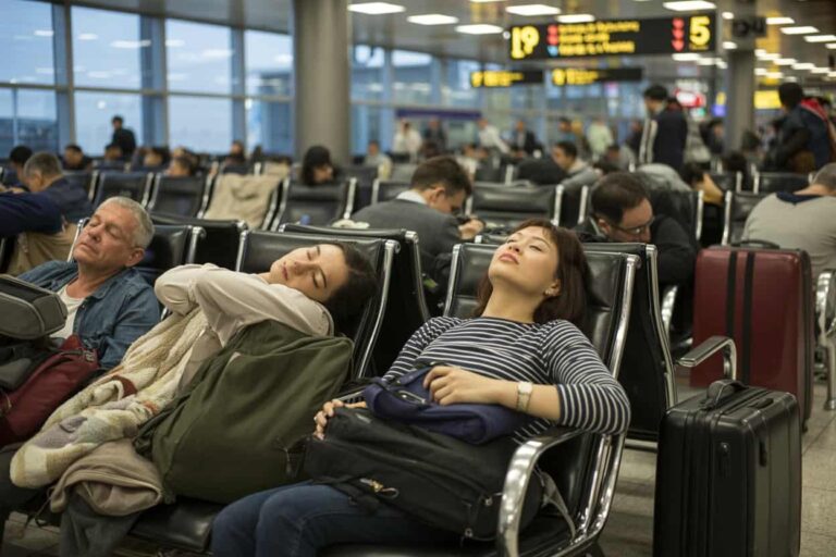 Travelers resting in a busy airport terminal; a woman in a striped shirt reclines in seats while others sleep nearby, luggage beside them.