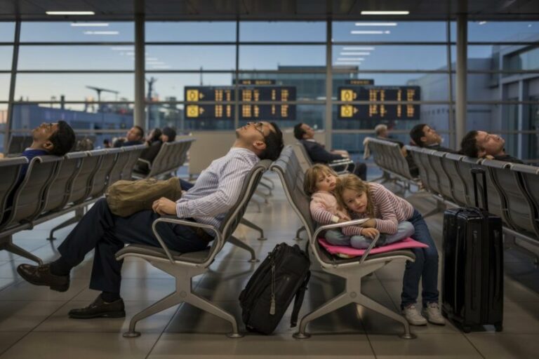 Passengers seated and leaning back in an airport lounge, some resting with eyes closed; two young girls cuddle on a chair with a pink blanket beside a suitcase and a black carry-on nearby.