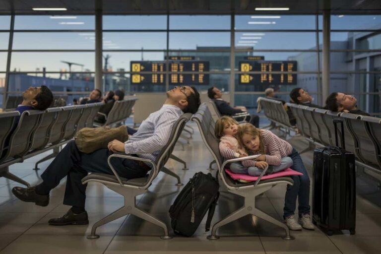 Two young girls cuddle on a shared airport seat while a man sleeps upright in the background, with luggage nearby in a modern terminal,