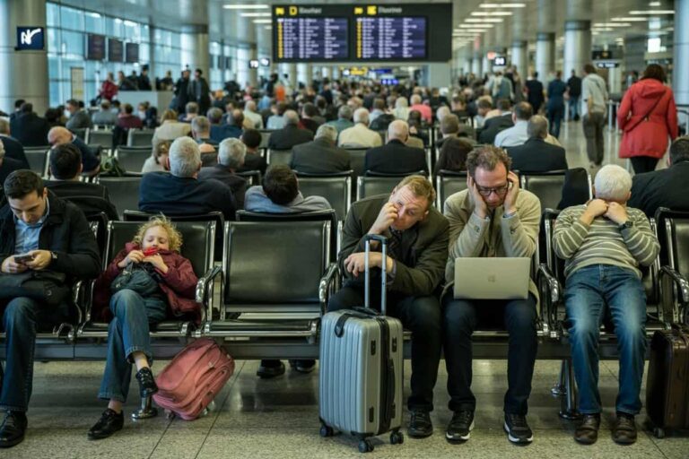 Crowded airport seating area with travelers waiting; some use phones, others nap or work, with multiple suitcases nearby.