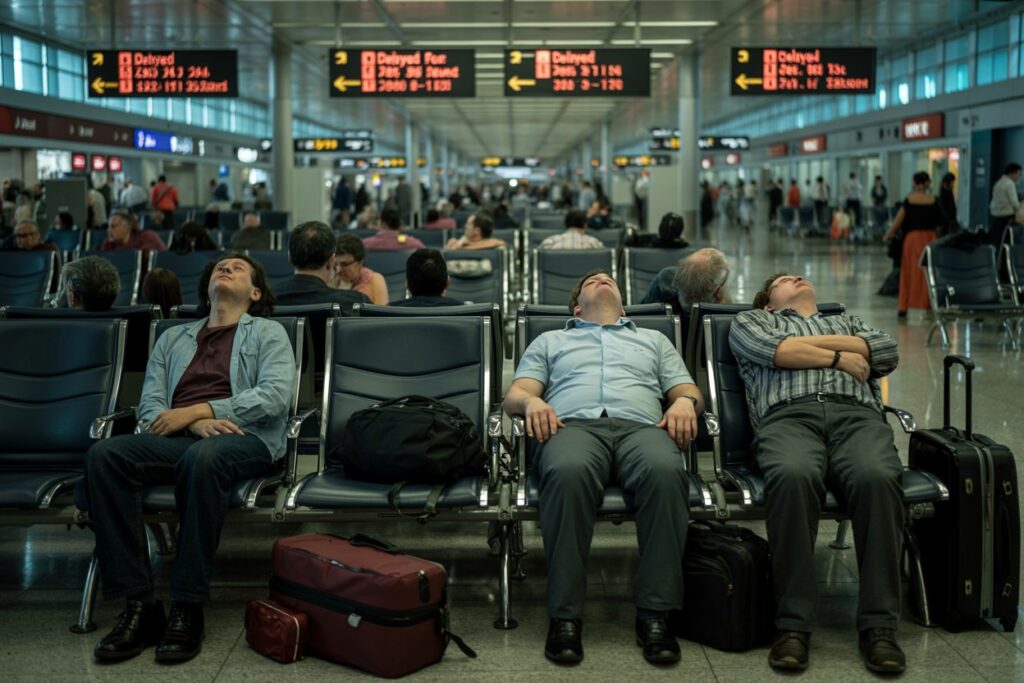 Three men sitting in a row of blue airport chairs in a busy terminal, heads tilted back as they nap; luggage rests on the floor and beside them.