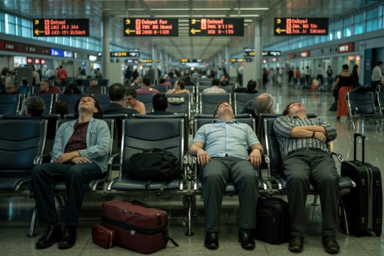 Three men sitting in a row of blue airport chairs in a busy terminal, heads tilted back as they nap; luggage rests on the floor and beside them.