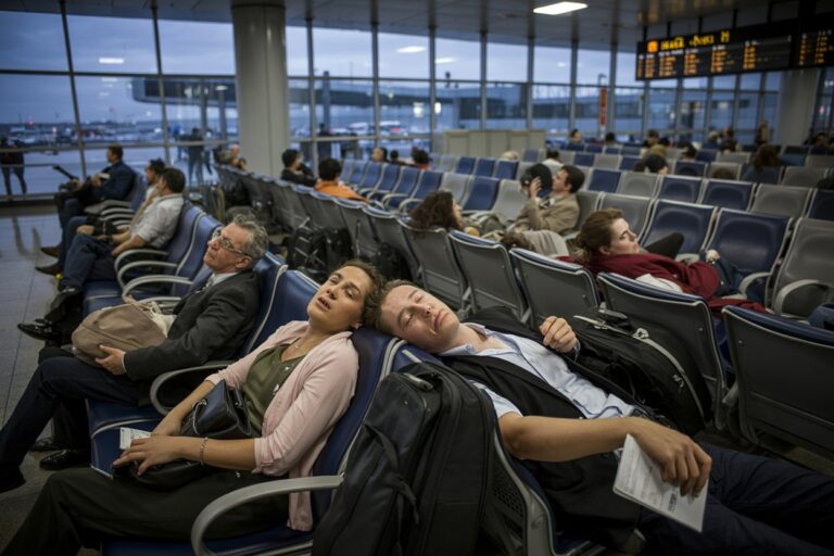 Passengers nap in blue airport chairs near large windows, with luggage at their feet and gate displays in the background.