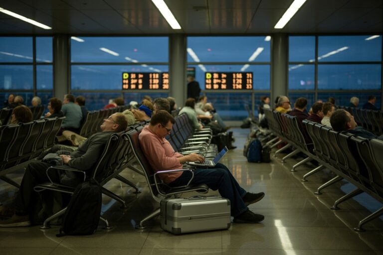 Travelers sit in an airport departure lounge, some using laptops, rows of chairs, with backpacks and a silver case nearby.