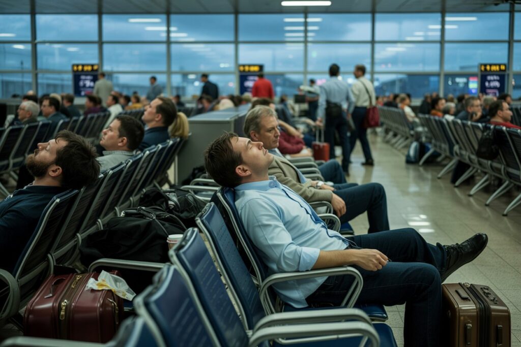 People sit in a busy airport departure lounge with rows of blue seats and rolling suitcases nearby, some resting their heads back in chairs.