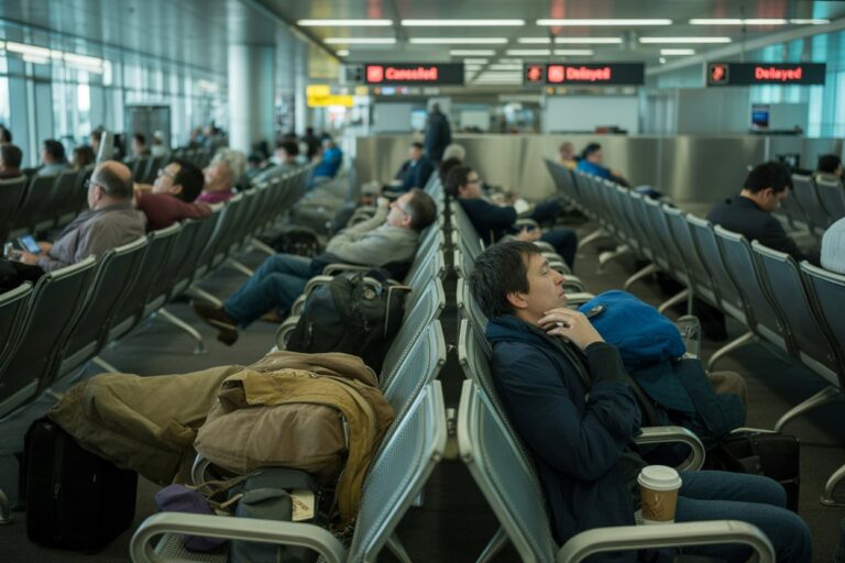 Traveler in a blue jacket leaning back in an airport chair, coffee cup nearby, surrounded by waiting passengers and stacked luggage in a busy terminal.