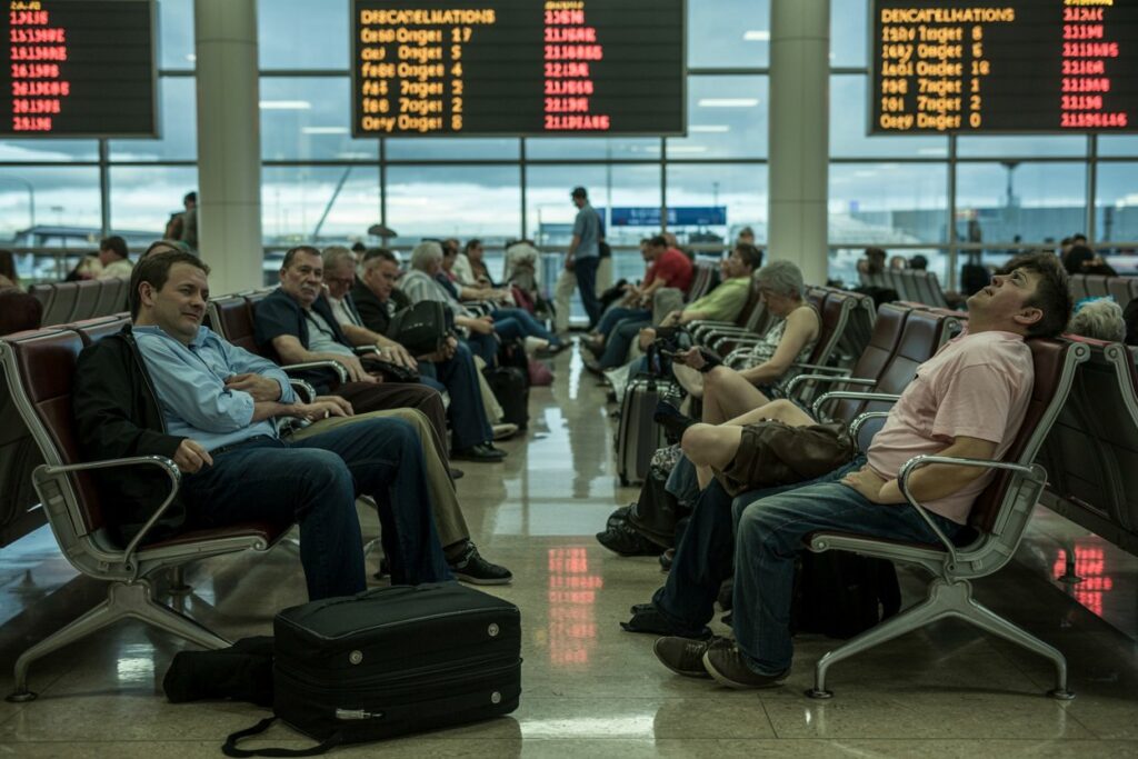 Passengers seated in an airport terminal with luggage nearby and bright departure boards overhead at the back,”
