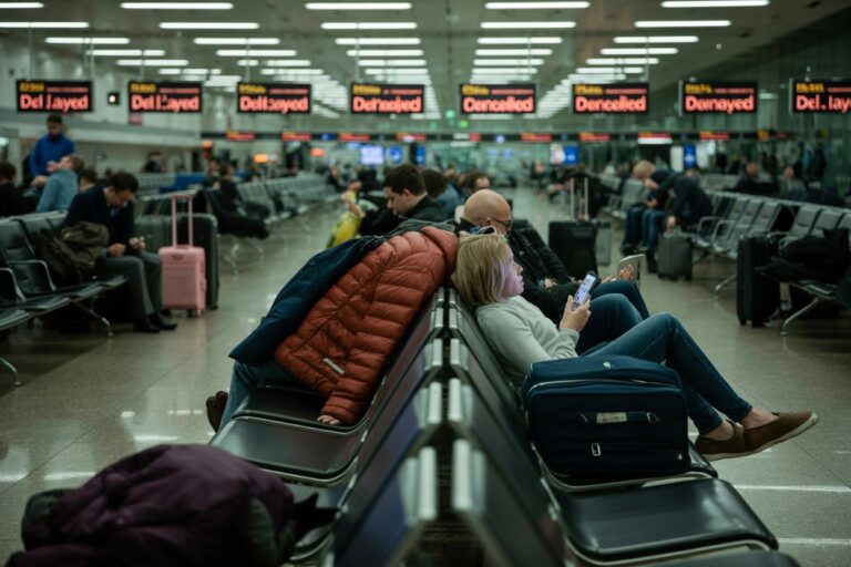 Passengers waiting in an airport lounge; a woman on the right checks her phone with a blue suitcase nearby and a jacket draped over the bench back.