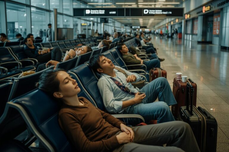 People resting in a row of blue airport chairs, suitcases beside them in a busy terminal.