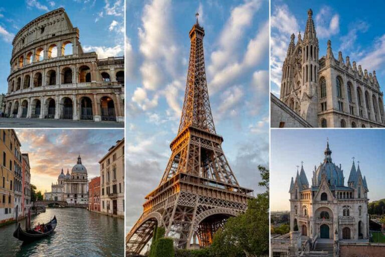 Collage of famous European landmarks: Rome’s Colosseum, Paris’s Eiffel Tower, a Gothic cathedral, a Venice canal with a gondola, and a blue‑topped church.