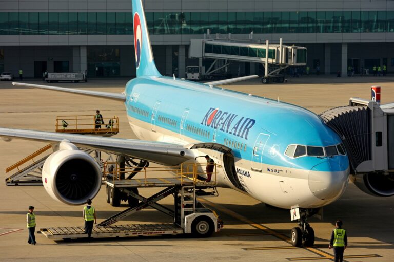 Korean Air airplane at a gate with a jet bridge connected and ground crew working on a portable stairs and equipment nearby