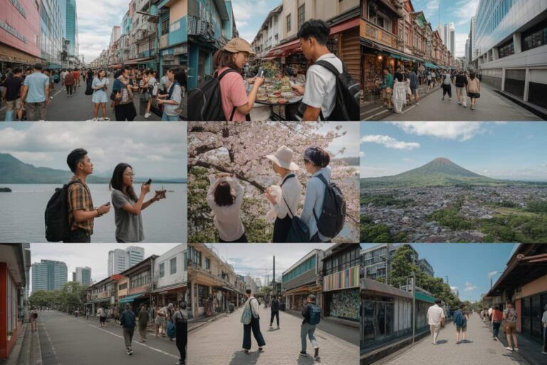 Collage of travelers in urban markets, waterfronts, blossoms, and rural scenery, depicting varied sightseeing scenes.