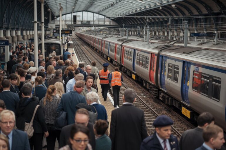 Crowded train platform with commuters waiting beside a long silver passenger train, two staff in orange vests stand near the tracks.