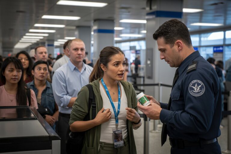 Security officer in uniform shows a small bottle to a woman at airport screening area.
