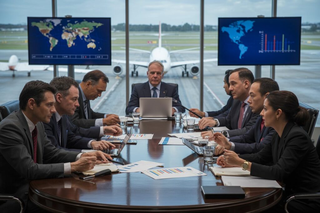 Executives around a conference table discussing data sheets, with a jet visible outside the windows and world maps on screens behind them.