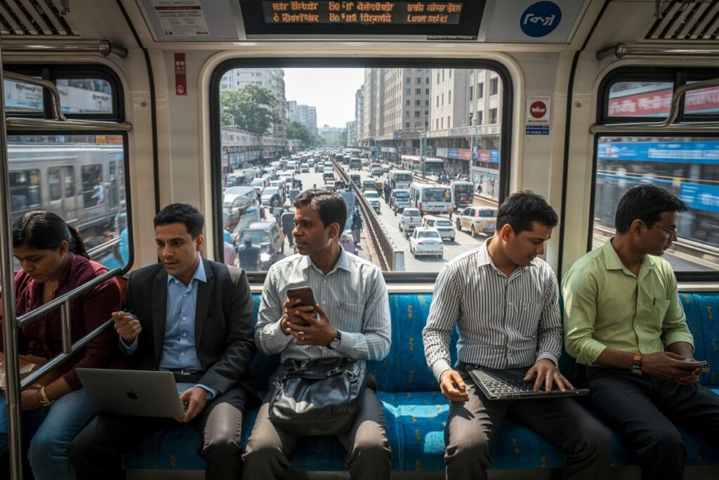 Five passengers in a city metro car: two men use laptops, one man chats on his phone, others sit with devices; urban street visible through the window.