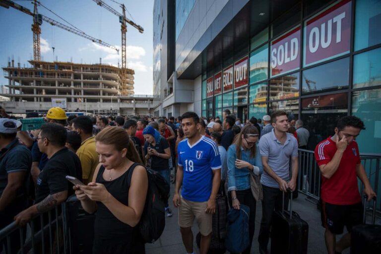 Crowd of people with luggage outside a storefront showing 'SOLD OUT' signs; a construction site with cranes looms in the background.