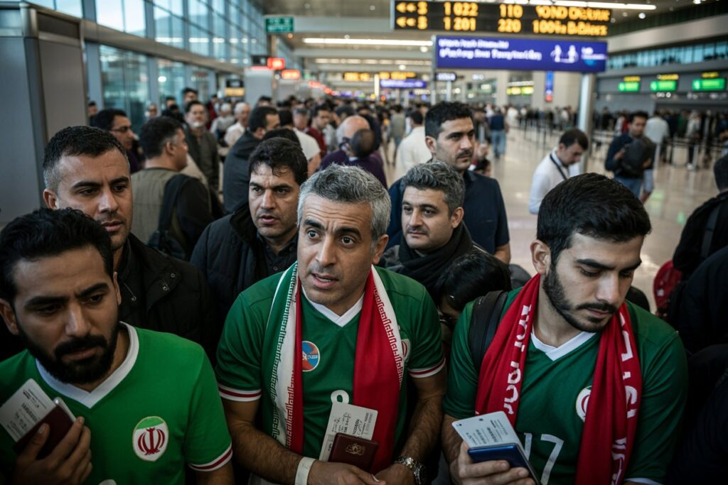 Group of Iranian football fans in green jerseys with scarves, waiting in a busy airport terminal.