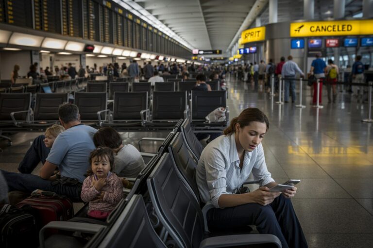 Woman sits in an airport gate area using a smartphone, with a young girl and family seated nearby in the background.