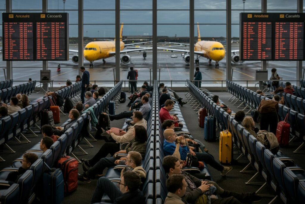Busy airport terminal with rows of blue seats; large windows reveal two yellow airplanes on the tarmac.