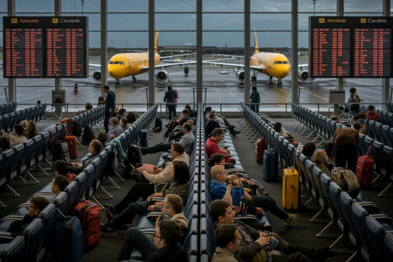 Busy airport terminal with rows of blue seats; large windows reveal two yellow airplanes on the tarmac.