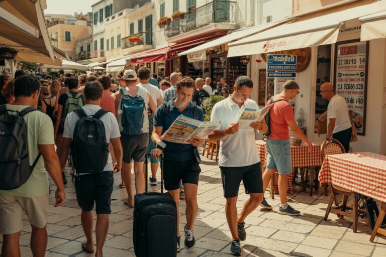 Crowded sunny street with shops and cafes; two men at center read maps while pulling a suitcase.